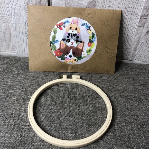 Embroidery Kits Puppy Dog Cat Rabbit Flowers Set of 2 Craft Spring Summer - Picture 5 of 8